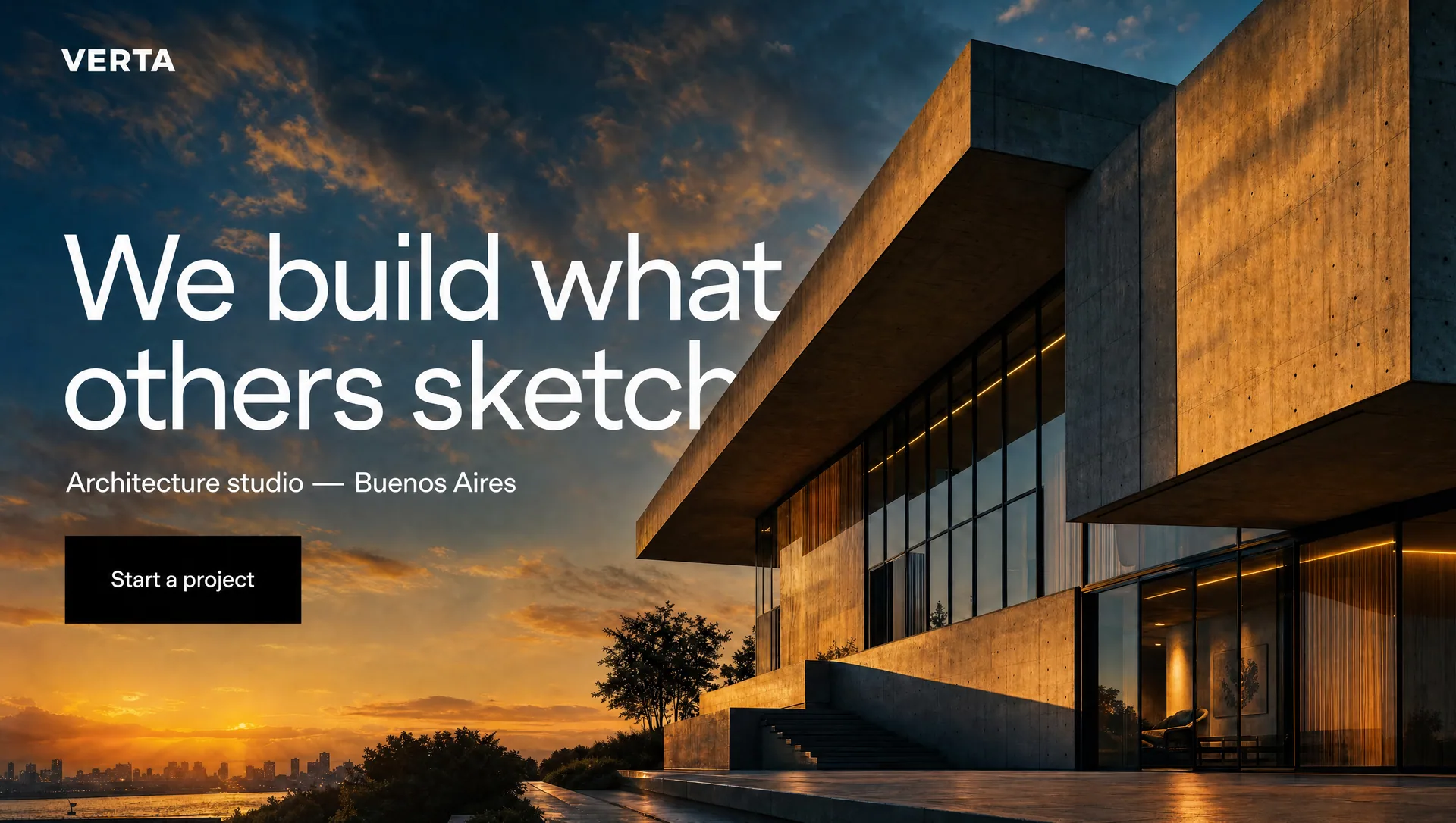 VERTA, estudio de arquitectura de Buenos Aires: portada con una casa de hormigón sobre el río al atardecer.