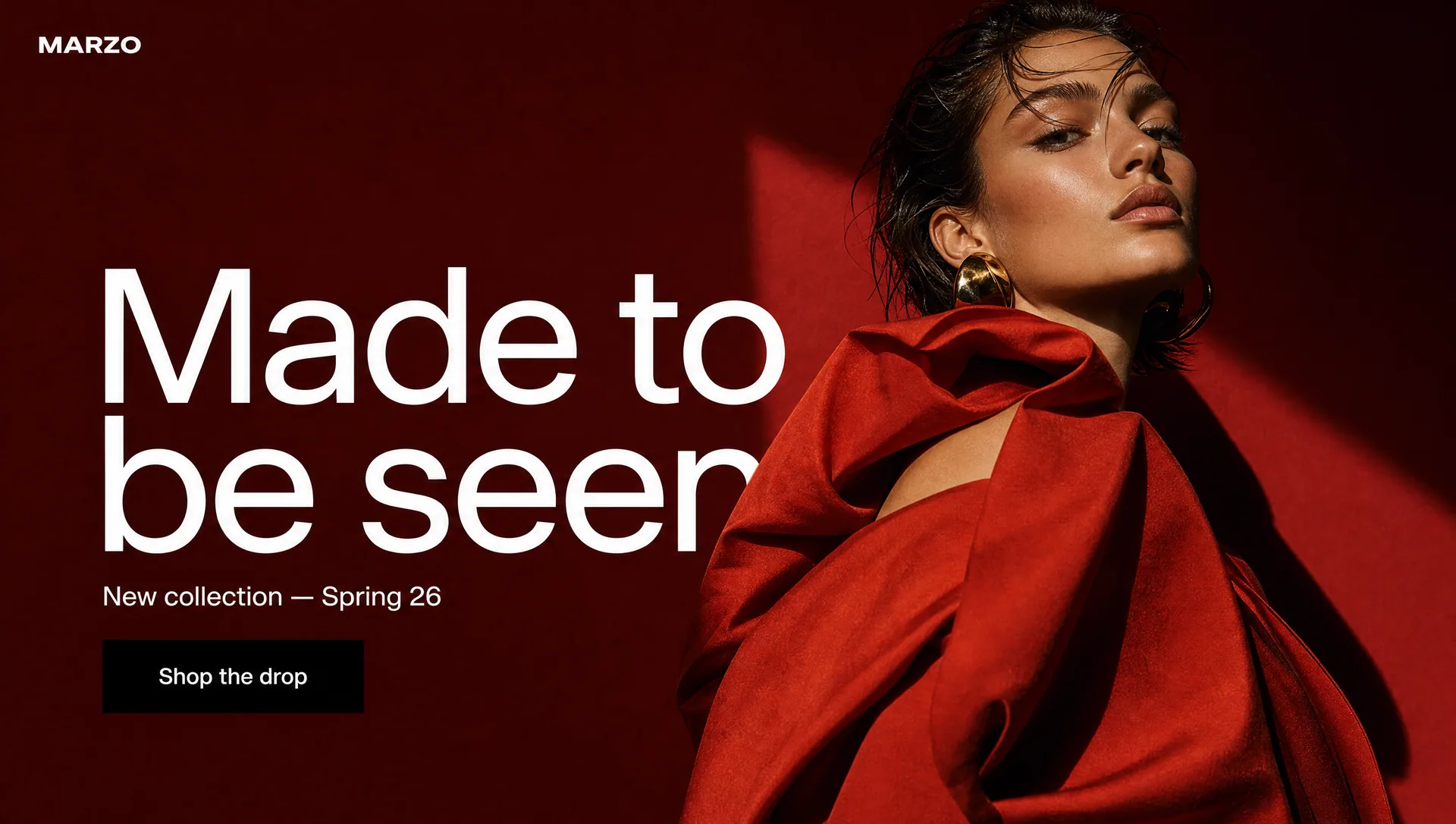MARZO, marca de moda: campaña de temporada en rojo saturado sobre fondo del mismo color.