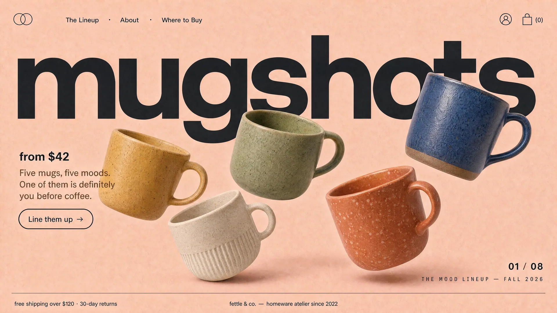 Mugshots, tienda de cerámica: cinco tazas flotando sobre un fondo durazno.