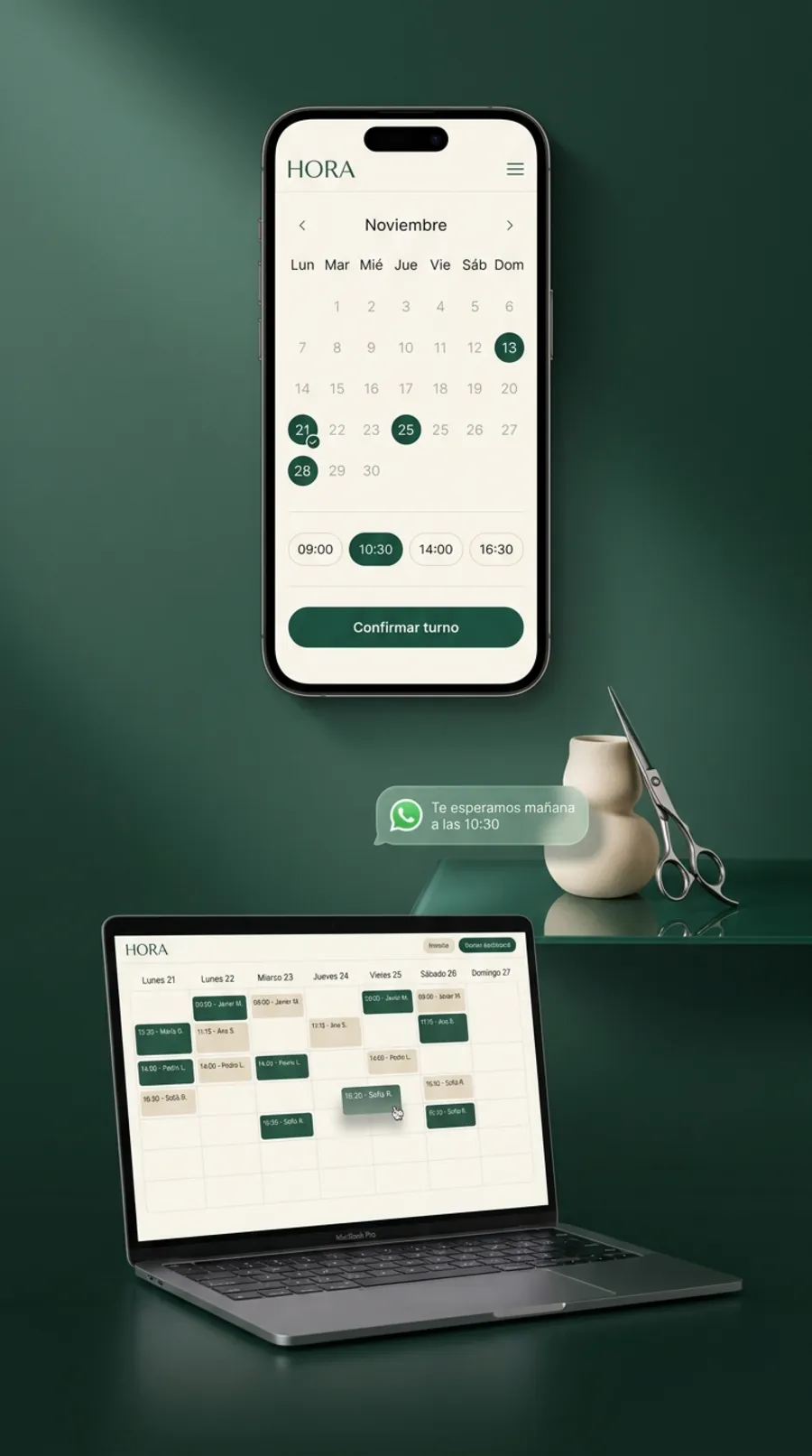 Sistema de reservas de un salon: calendario y horarios en el celular, agenda semanal en la notebook